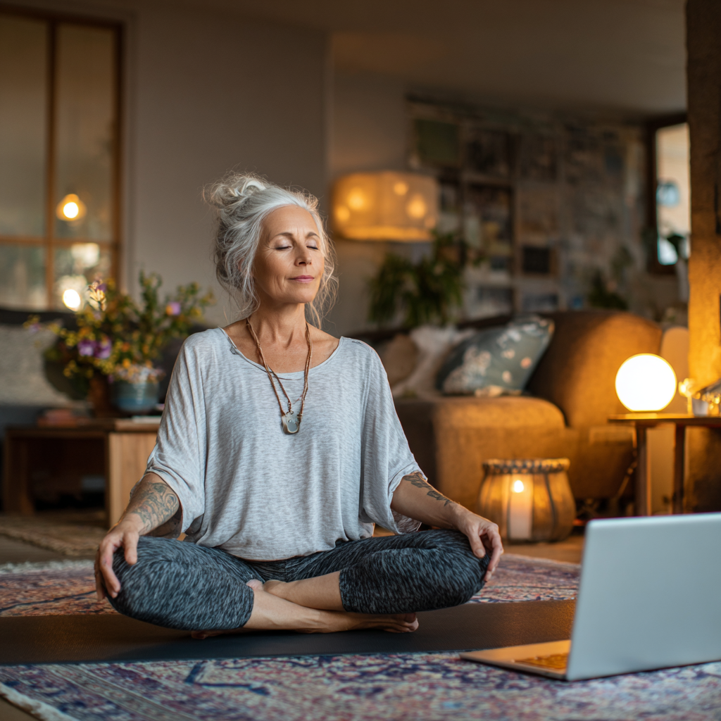 Жінка 52 років займається йогою вдома перед ноутбуком, слідуючи онлайн-інструкціям на екрані в затишній вітальні