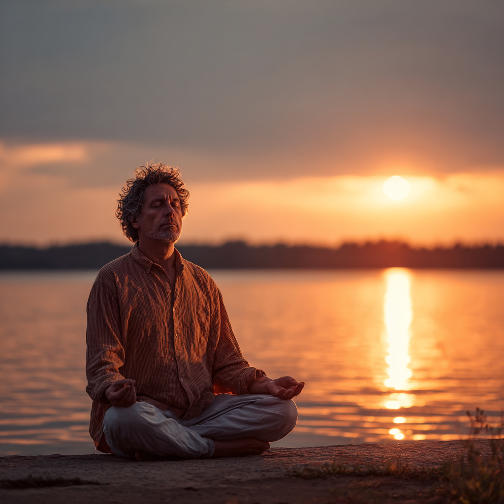 Чоловік 58 років в позі лотоса медитує на березі озера на заході сонця, відображаючи глибокий внутрішній спокій