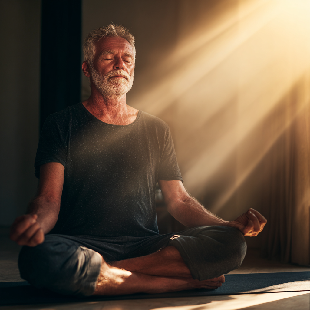 Чоловік 60 років в спокійній позі йоги в ранковому світлі, демонструючи досягнення внутрішнього балансу